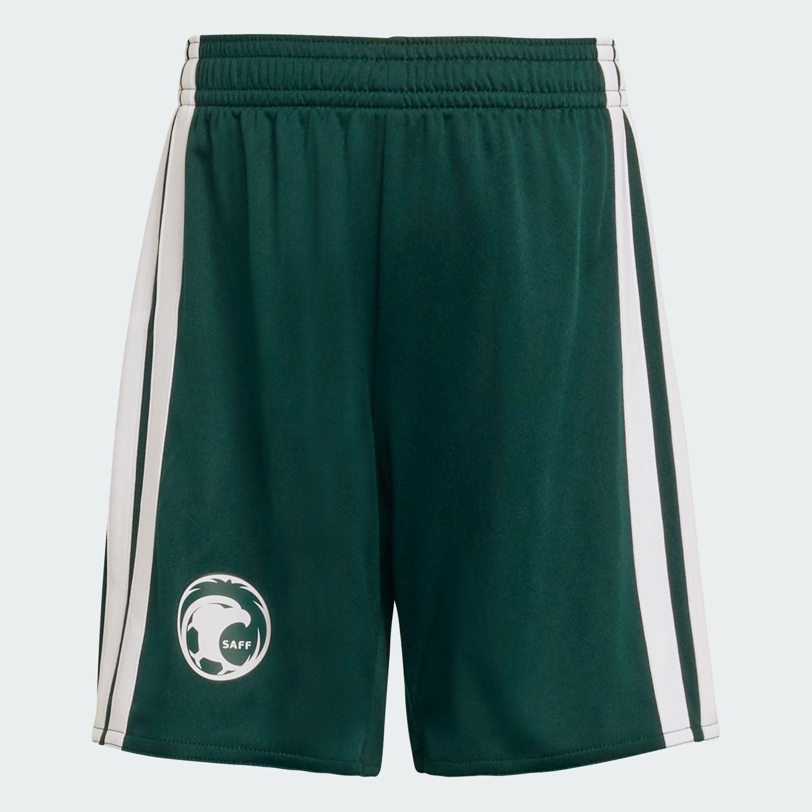 c0fb95a7-9648-49f5-a274-11736ebd835d | AE JERSEY Dark green athletic shorts with white side stripes and a circular SAFF logo on the left leg.