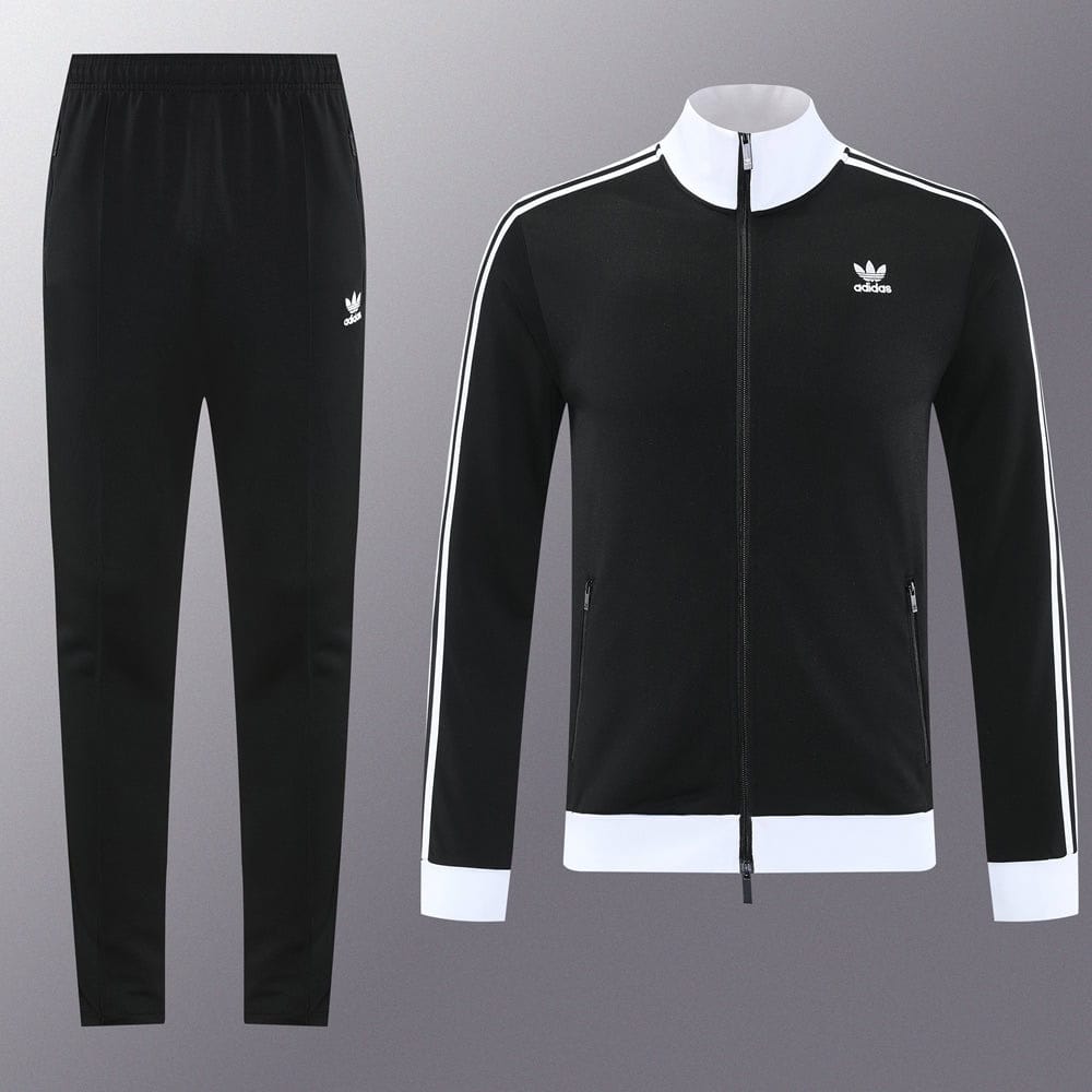 c26a2a16 | AE JERSEY Black Adidas track jacket with white stripes along the sleeves, white collar and cuffs, shown with matching black track pants.