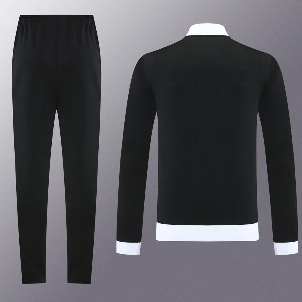 c2b3714b | AE JERSEY Black athletic tracksuit with elastic-waist pants and a long-sleeve top featuring white cuffs and hem.
