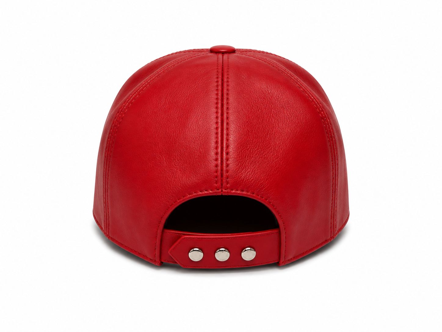 c4e01185-5b10-4e90-85b8-bf5d6523d710 | AE JERSEY Back view of a red leather baseball cap with an adjustable strap and three metal snaps.