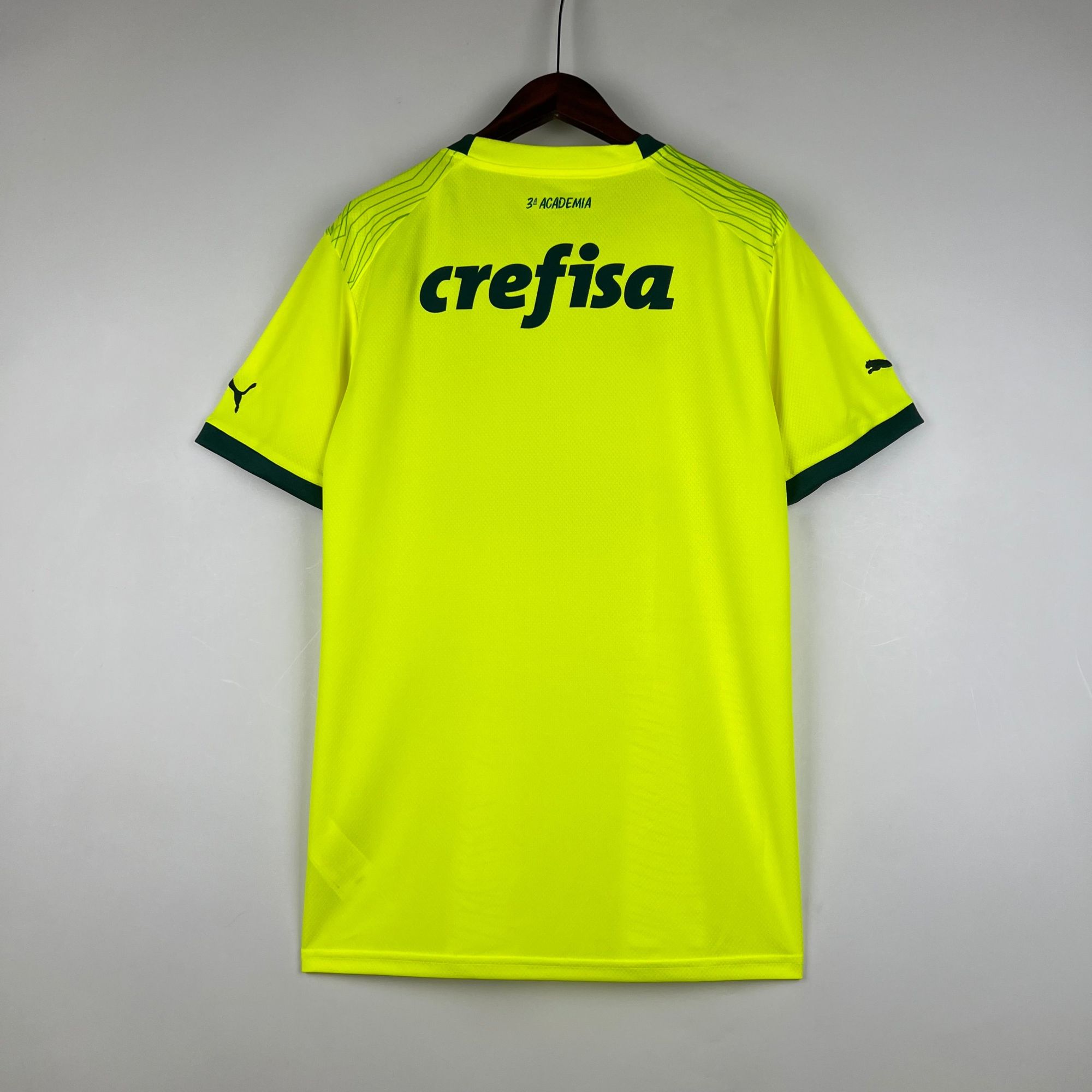 c632ebca_43e8d4e0-8d9a-4518-aaf3-36ed5a4d5ef7 | AE JERSEY Bright neon yellow sports jersey hanging on a wooden hanger against a gray wall, showing 'crefisa' logo on the back.