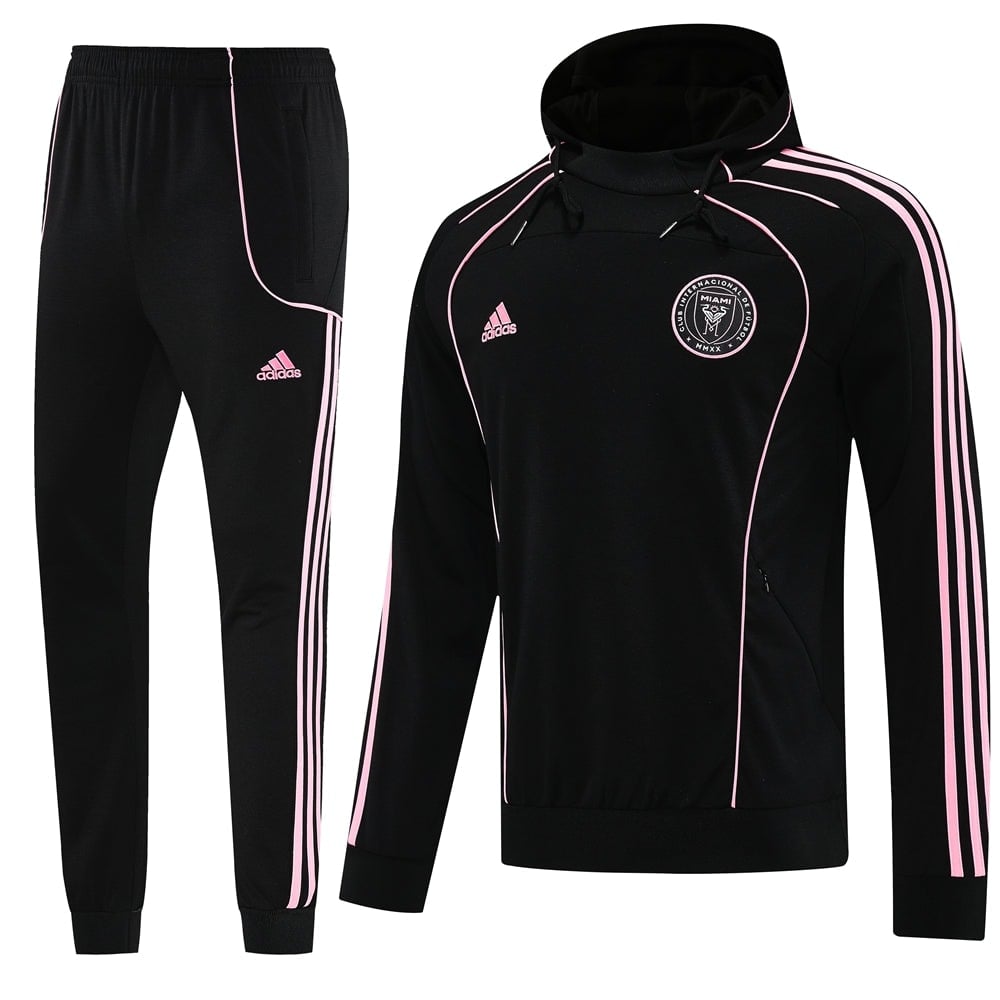 c7f80844 | AE JERSEY Black Adidas tracksuit with pink piping: hooded zip-front top and matching jogger pants, pink stripes along sleeves and legs, Adidas logo and chest crest visible