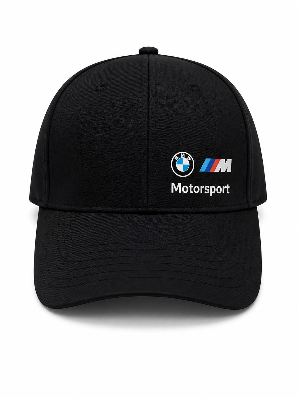c861057e-93d9-4757-ba69-f1dea3558d49 | AE JERSEY Black baseball cap with a curved brim featuring BMW Motorsport logo on the front panel.