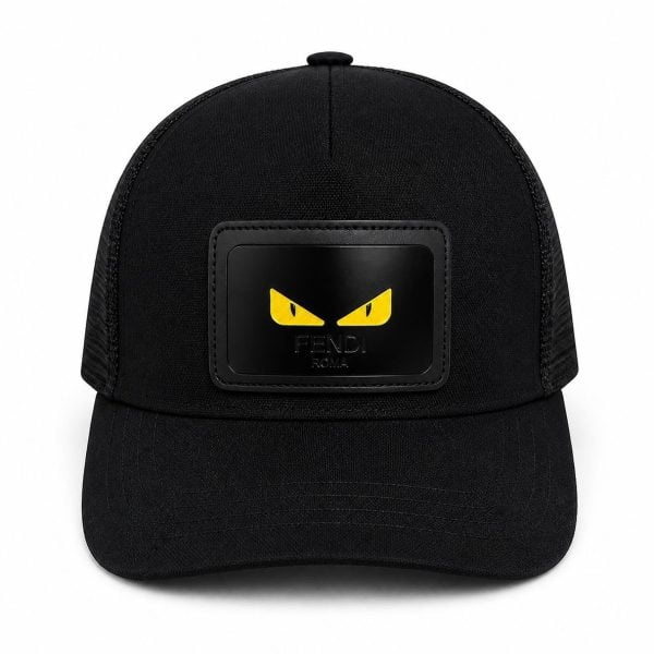 Black baseball cap with a black patch displaying yellow eyes and 'FENDI ROMA' text on the front center panel.