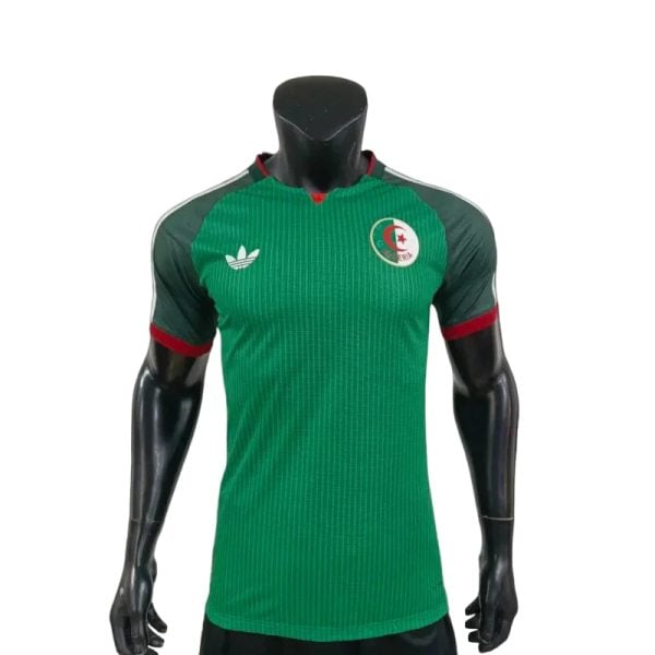 Green Algeria national football team jersey on a black mannequin torso on a white background.