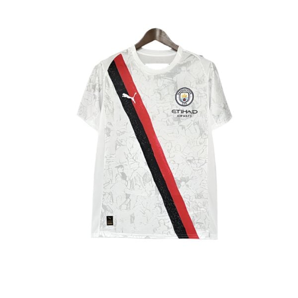 White Manchester City football jersey with a red and black diagonal stripe, club crest, and Etihad Airways sponsor on the front.