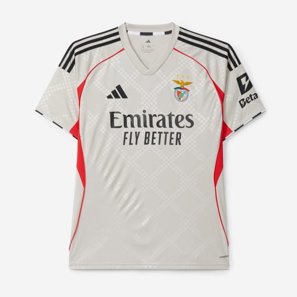 Front view of Benfica football jersey in light gray/white with black stripes on shoulders, red side panels, club crest on the chest, Adidas logo, and 'Emirates Fly Better' sponsor text.