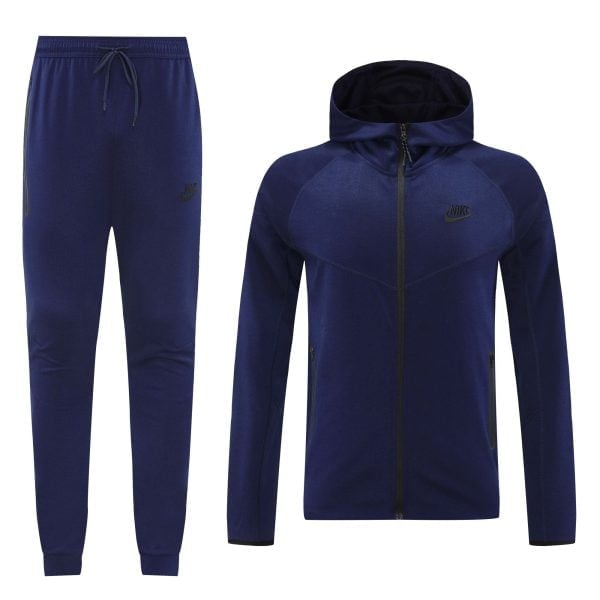 Navy blue Nike tracksuit: zip-up hooded jacket with jogger pants shown together, Nike logos on chest and thigh while displayed from the front.