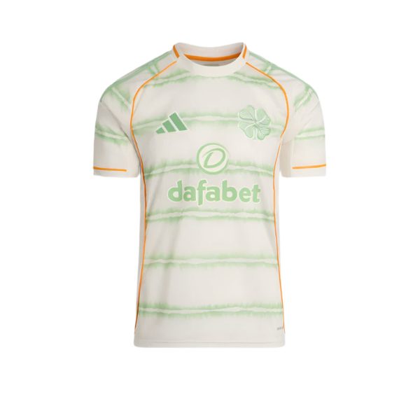 White soccer jersey with light green tie-dye stripes, orange piping, and Dafabet sponsor logo on the front.