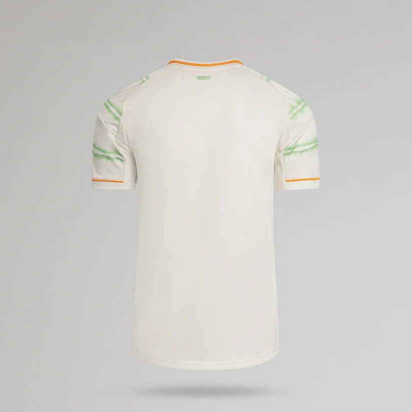 celtic-men-s-2025-26-third-shirt-with-no-sponsor-1180888023 | AE JERSEY White soccer jersey shown from the back, with orange trim on the collar and sleeves and pale green accents on the shoulders