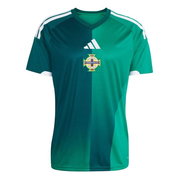 Green Irish football jersey featuring the NI crest and white Adidas logo on the chest.