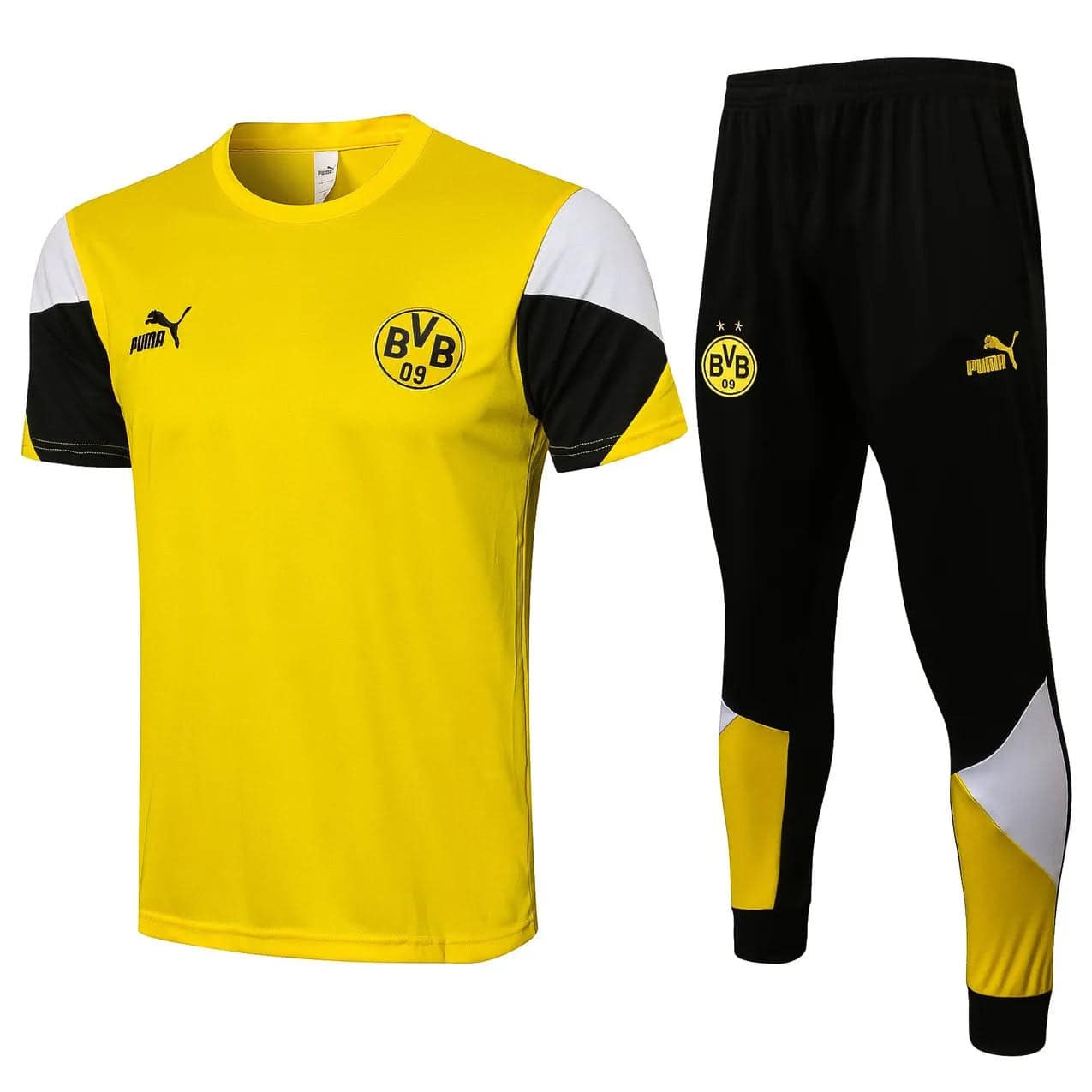 conjunto_de_treino_borussia_dortmund_2022_camisa_de_treino_e_calca_dry_cell_7255_1_9a116248421ea9dbb4c88ae210e75795 | AE JERSEY Borussia Dortmund yellow home jersey with black and white sleeves and matching black pants with BVB logo.