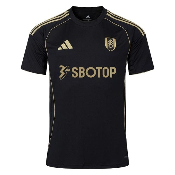 Black soccer/football jersey with gold piping on shoulders, crest on left chest, Adidas logo, and SBOTOP sponsor across the front.