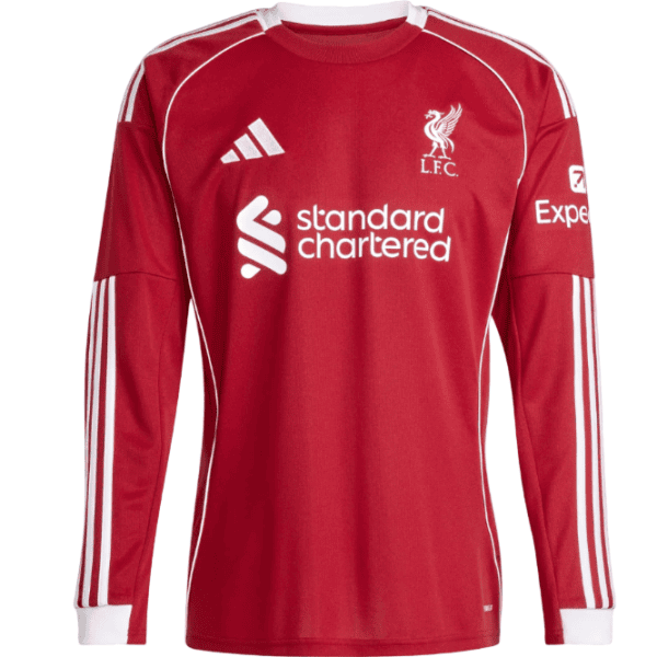 Red Liverpool FC football jersey with white sponsor and logos, featuring Adidas stripes on sleeves and crest on chest.