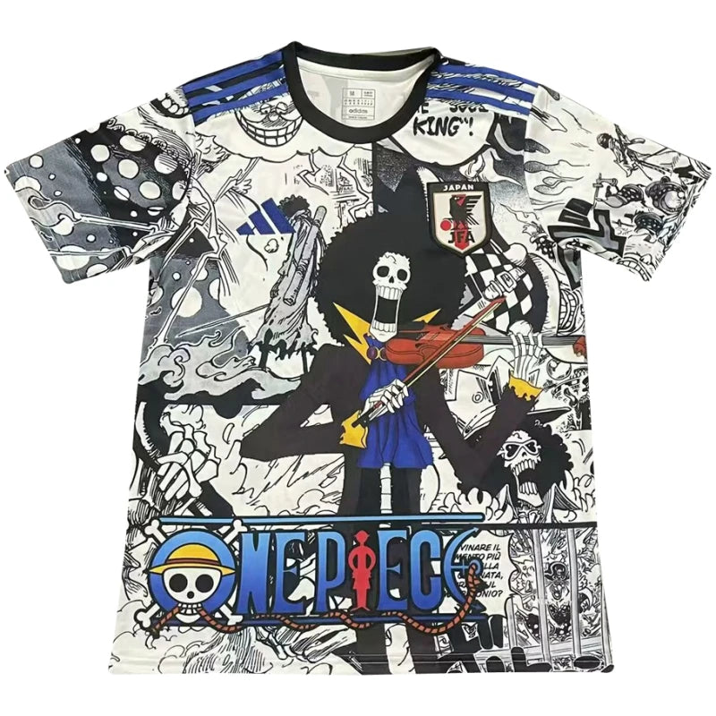 d20ba2ffd183afc3-1-800x800-1 | AE JERSEY Graphic One Piece T-shirt featuring a black skeleton character with a violin and blue scarf, surrounded by comic-style drawings and the One Piece logo at the bottom.