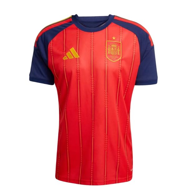 Red Spain national team football jersey with blue sleeves and gold Adidas logo on the chest