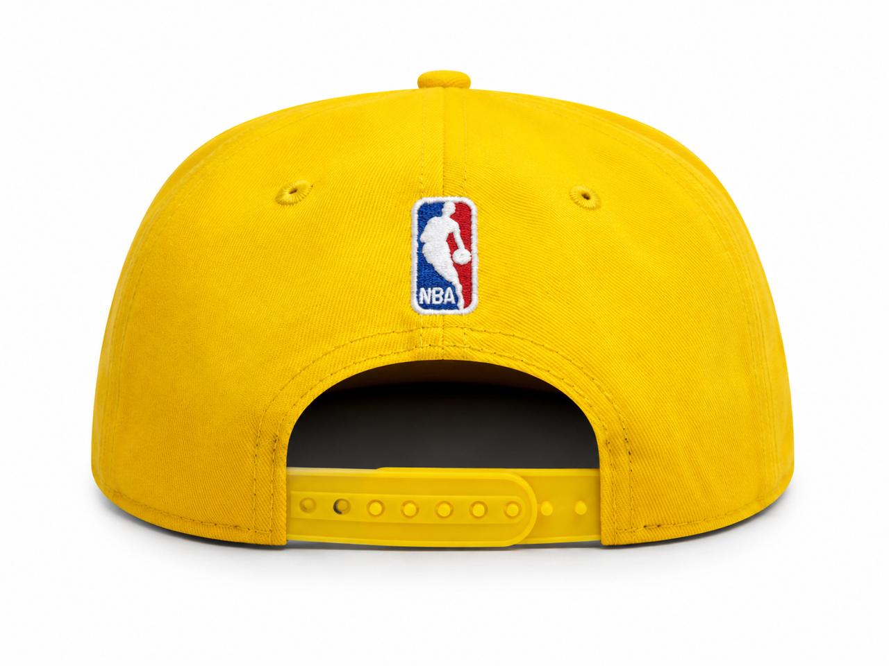 d491f17f-b918-4ee7-9f4a-1aa4d62b0837 | AE JERSEY Yellow NBA baseball cap seen from the back with a plastic adjustable strap and a small logo patch on the crown.