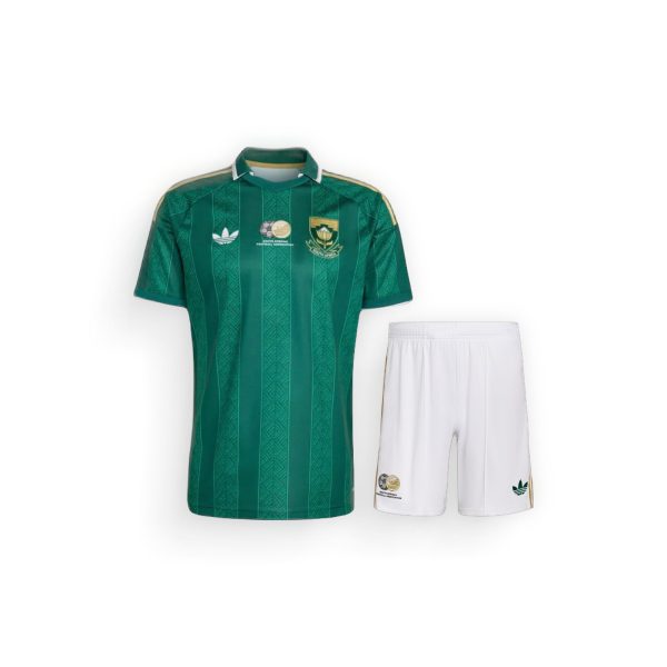 Green soccer jersey with gold trim and crest, paired with white shorts. It appears to be a South African national team kit.