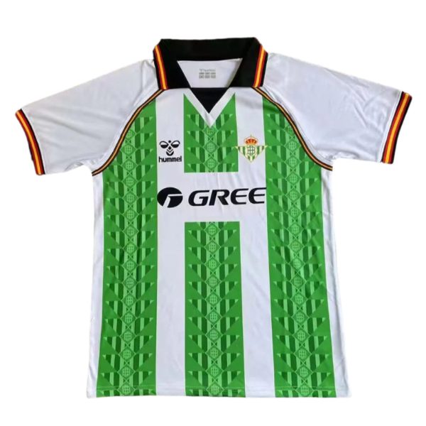 Green-and-white striped football jersey with sponsor logo 'GREE' and club crest, worn by a soccer team uniform.