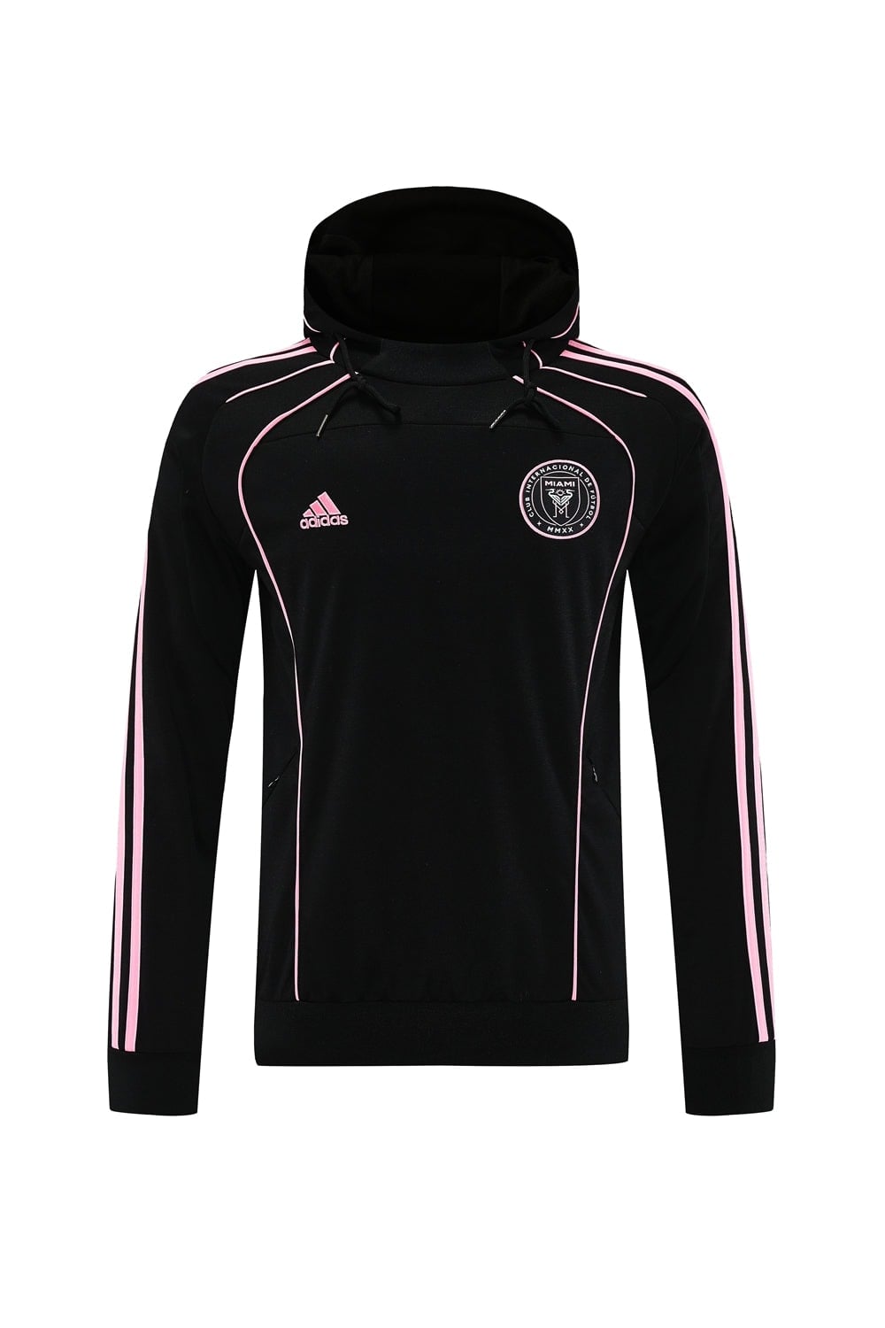 df40f40f | AE JERSEY Black athletic hoodie with pink piping along the shoulders and arms, a pink Adidas logo on the chest, and a circular team crest on the left chest; hood with drawstrings and ribbed cuffs.