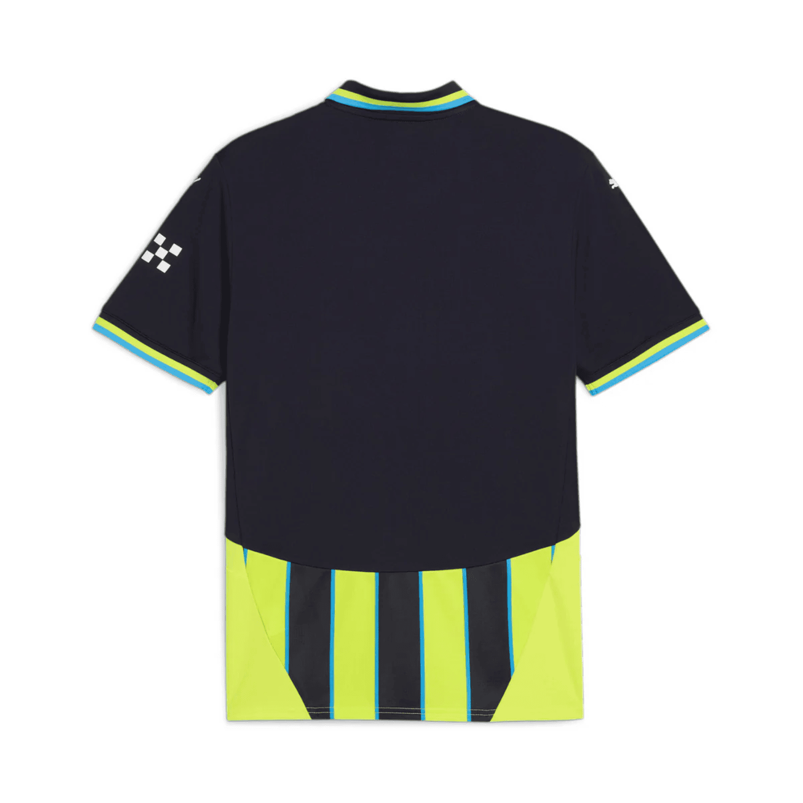 download_2 | AE JERSEY Back view of a navy polo shirt with bright blue and lime trim at the collar and sleeves, shown with neon yellow and blue striped shorts underneath.