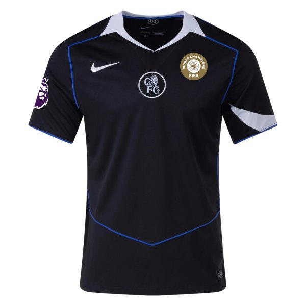 Black soccer jersey with white Nike swoosh, blue piping, and a FIFA World Champions badge on the chest.