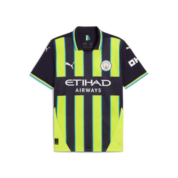 Manchester City football jersey with navy base and neon-yellow vertical stripes, featuring club crest and Etihad Airways sponsor logo across the chest.