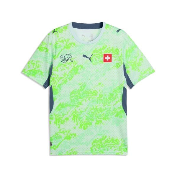 Lime green PUMA football jersey with navy side panels, abstract pattern, and a Swiss flag crest on the chest.