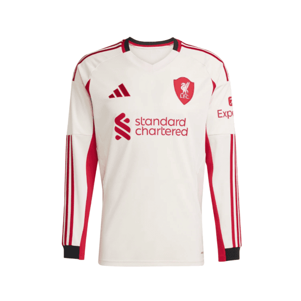 White soccer jersey with red accents and crest, featuring Standard Chartered sponsor and Adidas logo (Liverpool FC).