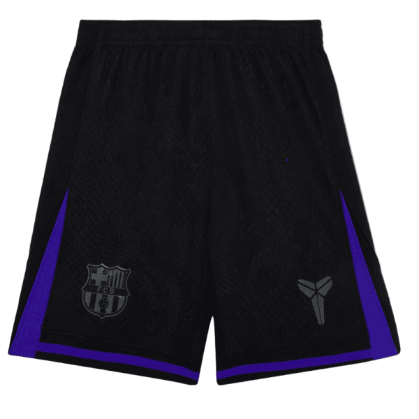 Black athletic shorts with purple side panels and an elastic waistband, featuring a shield-like crest on the left leg and a small abstract logo on the right leg.