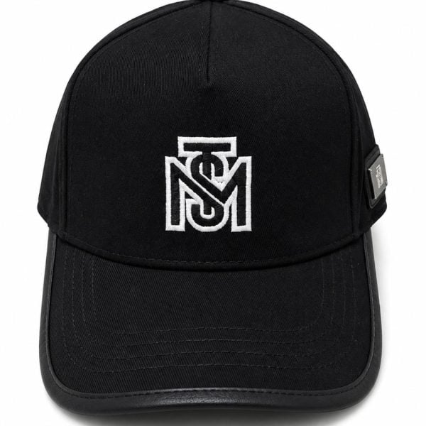 Black baseball cap with a white embroidered logo on the front center panel.