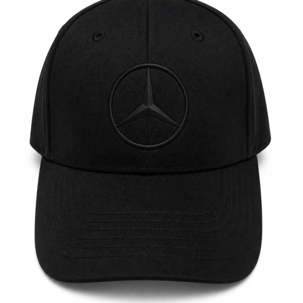 e1749efd-332e-40b0-b29c-0a81177091ec | AE JERSEY Black baseball cap with Mercedes‑Benz three‑pointed star logo centered on the front panel (emblem inside a circle).