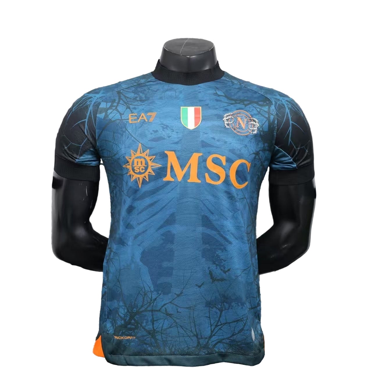 e1eaedeb | AE JERSEY Front view of a blue athletic jersey on a mannequin, featuring an orange MSC sponsor logo and Italian flag crest.