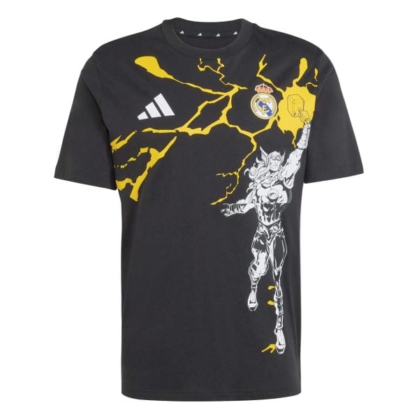 Black T-shirt featuring bold yellow lightning graphic, Real Madrid crest, and a silver armored figure on the right.