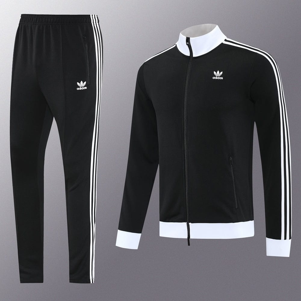 e3ed616b | AE JERSEY Black Adidas tracksuit set: zip-up jacket with white collar and cuffs, matching black pants with white side stripes and logo.
