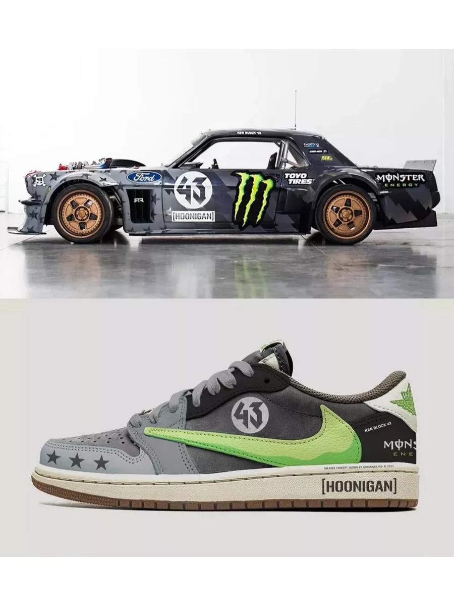 e95fb41e-2d90-4c87-b7c1-d39bee0a264e | AE JERSEY Hoonigan-branded Ford race car with Monster Energy and sponsor logos, shown in a studio setting at top, and a Hoonigan Nike sneaker below with neon green swoosh.