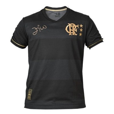 Black Flamengo football jersey with gold crest and stars, gold sleeve trim, and a left-chest autograph.