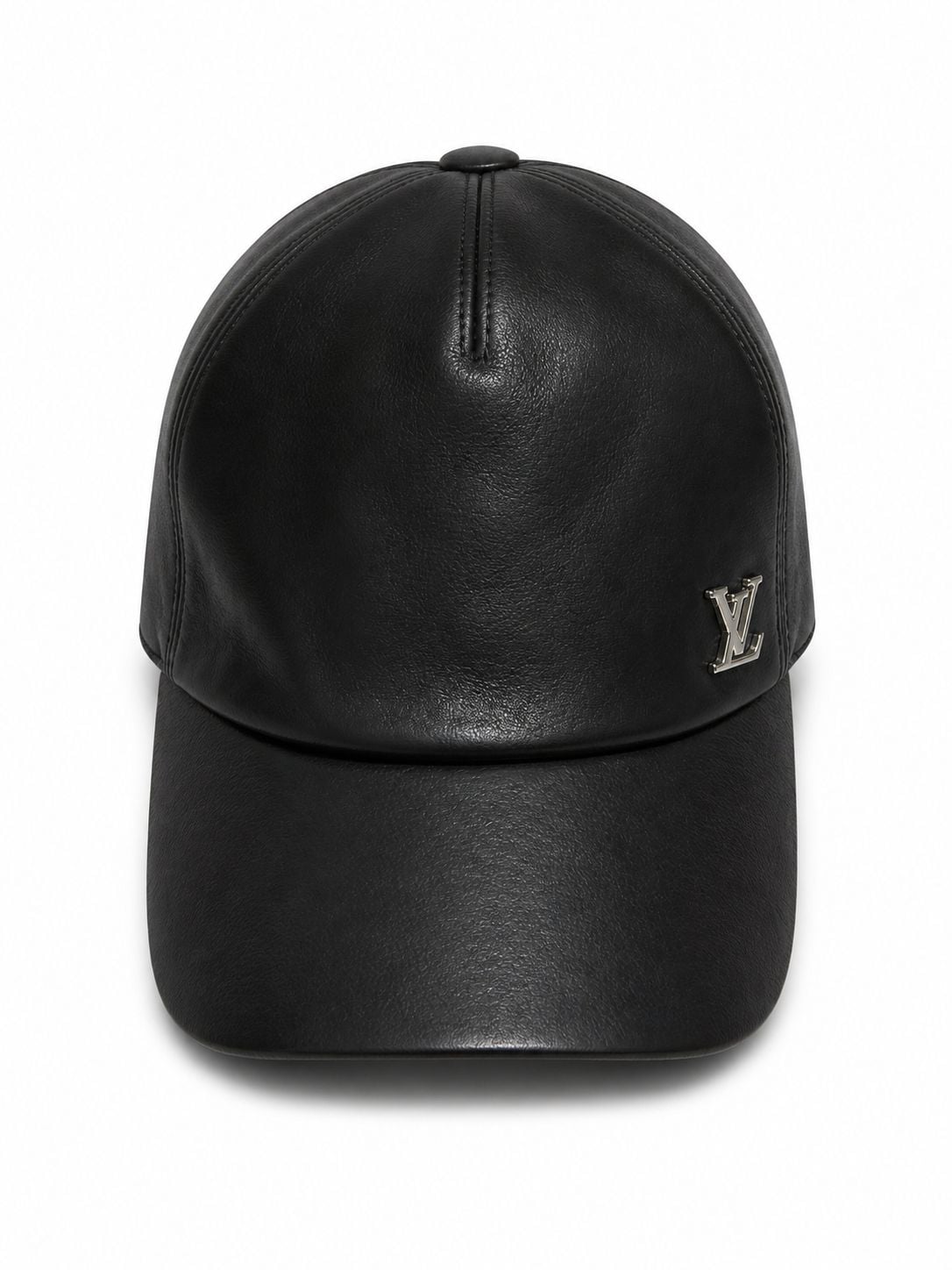 eacfefa6-a1b7-4474-8be0-45d911ed81c8 | AE JERSEY Black leather baseball cap with a small silver LV logo on the side, front view.