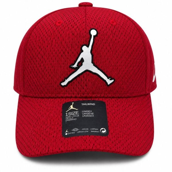 Red mesh baseball cap with a white Jumpman logo centered on the front panel.