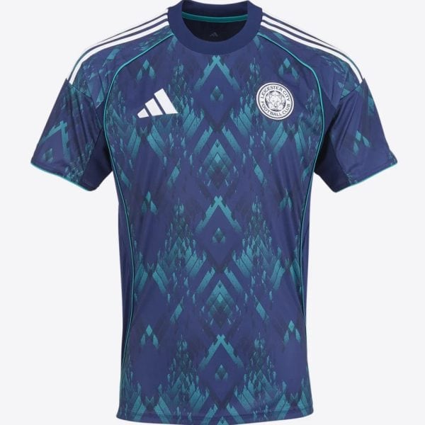 Blue Leicester City football jersey with teal geometric pattern, Adidas logo, and club crest on chest.