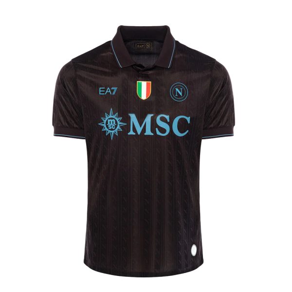 Black polo jersey with blue branding and light blue MSC logo across chest, Italian flag crest, and circular N Napoli emblem on front.
