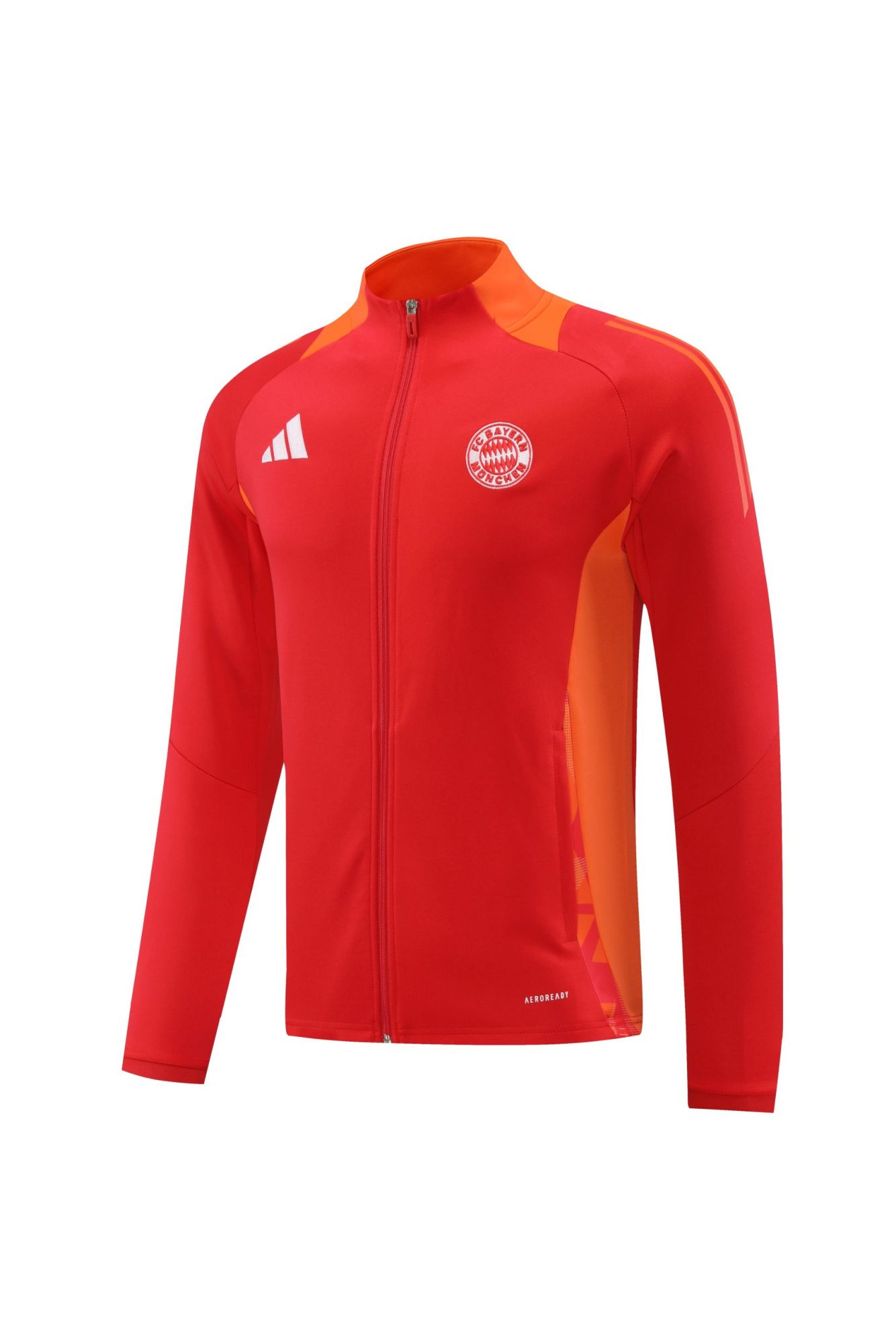 f0727e62 | AE JERSEY Red athletic jacket with a full front zipper, white Adidas logo on the chest and Bayern Munich crest on the left chest, orange panels along the sides and shoulders.