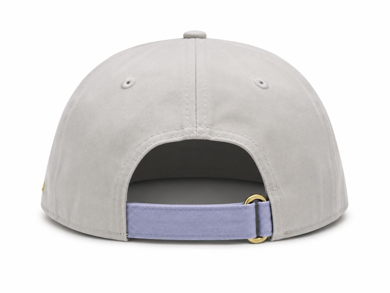 f3c0f03b-43c4-4c1a-a7d3-338143c40264 | AE JERSEY Light gray baseball cap viewed from the back, with an adjustable lavender strap and a gold buckle.