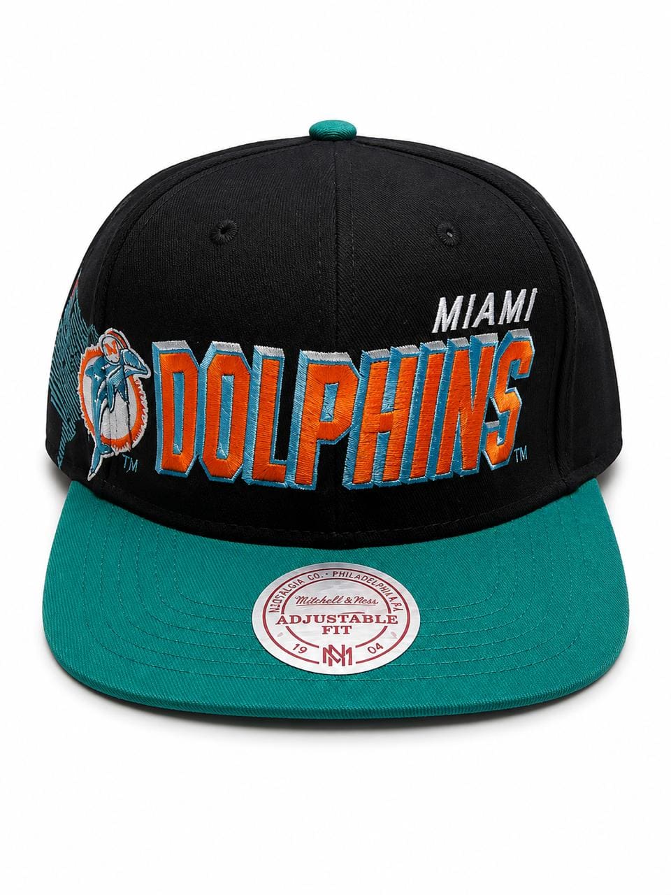 f8df703b-ebf4-4e8a-9243-c2c19e5adec5 | AE JERSEY Black Miami Dolphins cap with teal brim, orange-and-teal embroidered team name, and dolphin logo on the side.