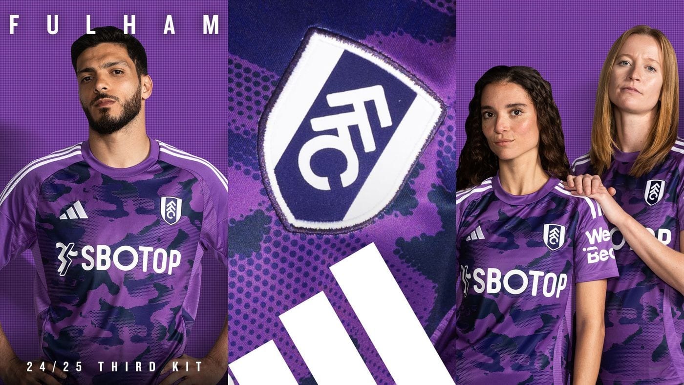 fIgtkWzrn1JbbMX | AE JERSEY Fulham FC 24/25 third kit promo collage with players in purple camouflage jerseys and SBOTOP sponsor logo.