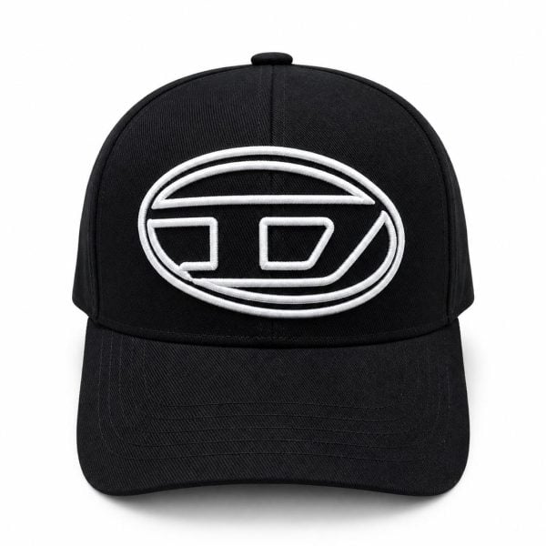 Black baseball cap with a white embroidered oval logo on the front panel; simple, bold design.