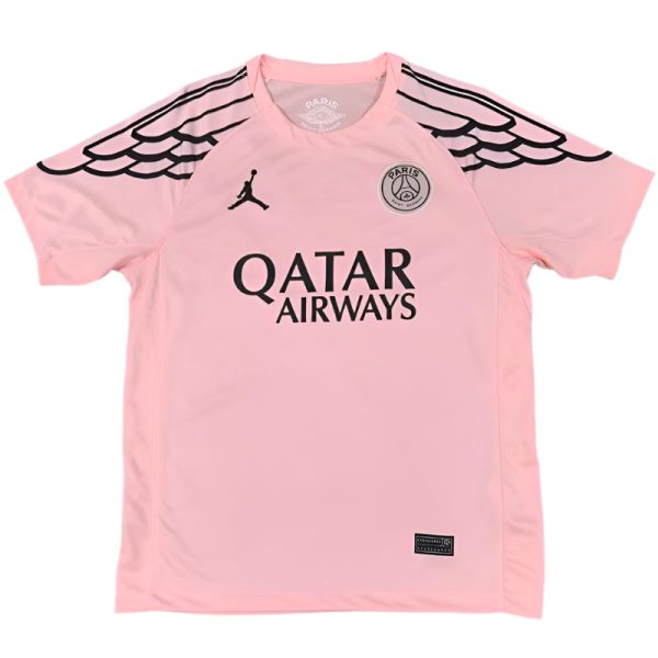 Pink Paris Saint-Germain soccer jersey with black wing-like shoulder pattern, sponsor text 'QATAR AIRWAYS', and club crest on chest.
