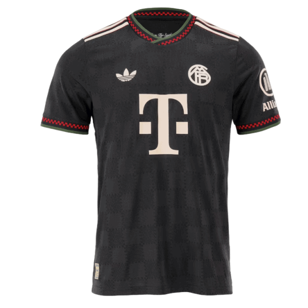 Black soccer jersey with red/green trim, large T-Mobile sponsor logo on the front, Adidas logo on the left chest, team crest on the right chest, and sponsor patches on the sleeves.