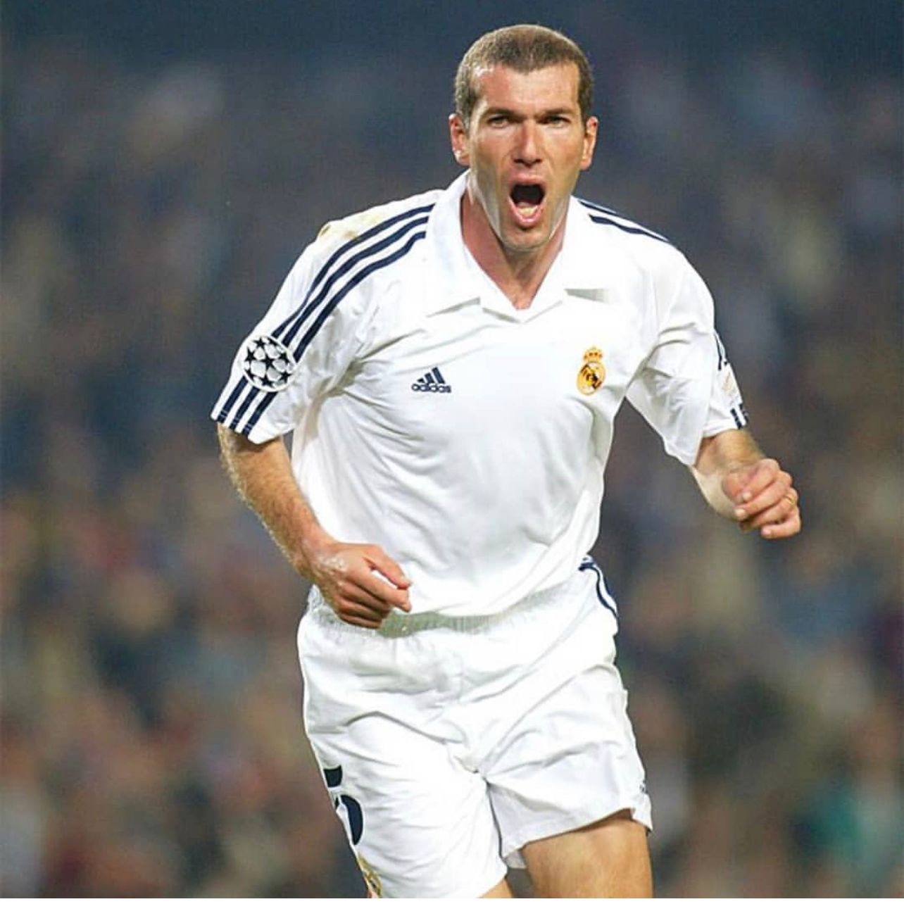 fsdsdfds_9a3bc0f2-4298-4f4c-9f9b-3bc66d75b9c8 | AE JERSEY Soccer player in a white Real Madrid jersey celebrates on the field, mouth open in a yell, during a match.