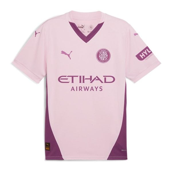 Pink soccer jersey with Etihad Airways logo, Girona FC crest, and purple side panels viewed from the front